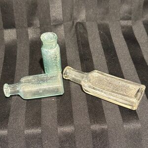 Three Vintage Glass Apothecary Bottles - Light Aqua, Green and Clear
